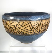 Studio Art Pottery Bowl signed incised geometric design blue glaze 8.25