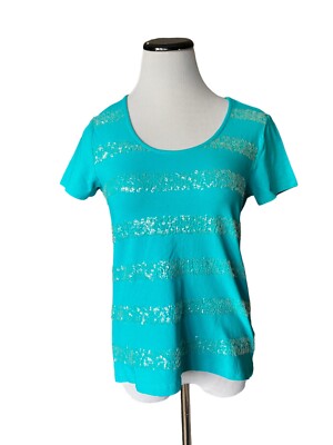 Chicos Womens Sequin Stripe Top Size XS Blue Short Sleeve Casual Chic Sparkle