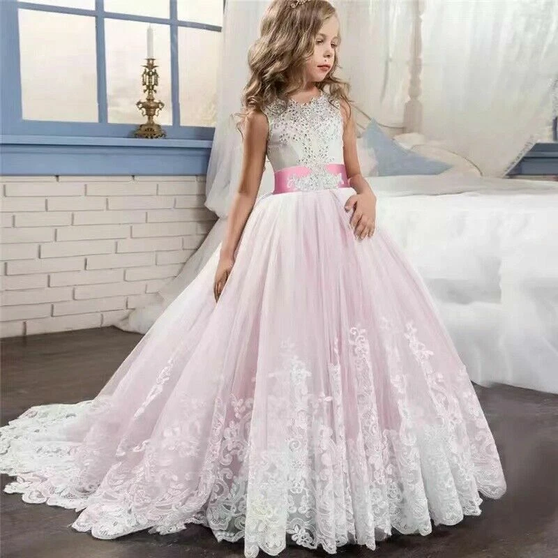 Girl Kid Flower Dresses Princess Party Wedding Bridesmaid Formal Gown Long Dress - Image 4 of 4