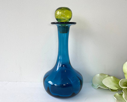 MCM Rainbow Glass Blue 12" Tall Decanter / Long Neck Vase & Green Ball Stopper - Picture 2 of 24