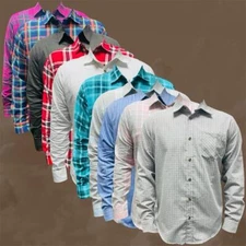Mens Long Sleeve Button down Casual Formal Check Cotton Shirt S-2XL 18-339