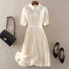 Pleated Dress Chic Short Sleeve Dress Elegant Slim Waist A-Line Women Dresses