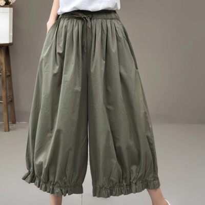 Women Pants Trousers Ruffle Lantern Cropped Wide Legs Elastic Waist Casual