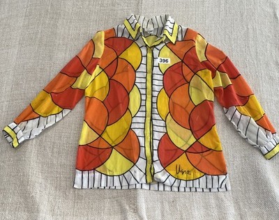 Vintage 60 s VERA NEUMANN Button Down Shirt Blouse Orange Yellow Pattern