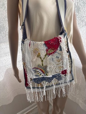 Upcycled OOAK Crossbody Purse: Red White Blue Lace, Denim Leather Strap