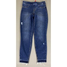 SPANX Jeans Women's Medium Blue Mid Rise Distressed Frayed Hem Skinny Leg Denim