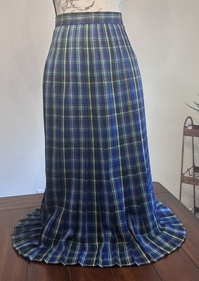 Vintage Viyella Blue Plaid Tartan Check Maxi Pleated Skirt 100% Pure Wool Sz 8