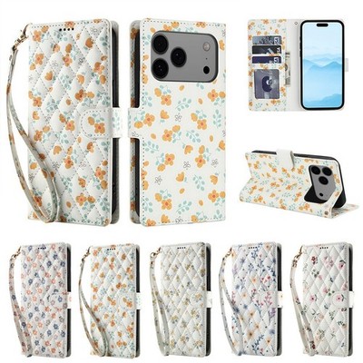 Flower Grid Leather Wallet Phone Case For iPhone 17 16 15 13 14 12 11 Pro Max XR