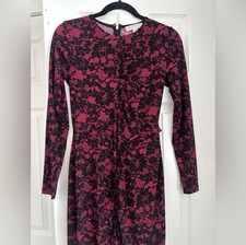 Michael Kors Women’s Bodycon Dress XS Red Black Floral Long Sleeve Ruffle