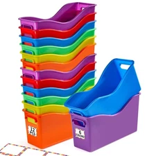 12 Pack Plastic Book Bins for Classroom with Labels 11.8×3.5×7.1 in Colorful ...