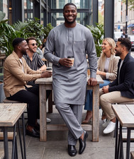 Herren Kaftan/Thobe-Set 2-teilig Grau, langes Tunika-Oberteil mit Hose Gr. L