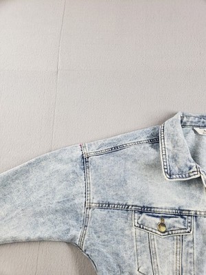 NeverNow Women Jean Jacket M Blue Denim Cropped Distressed Button
