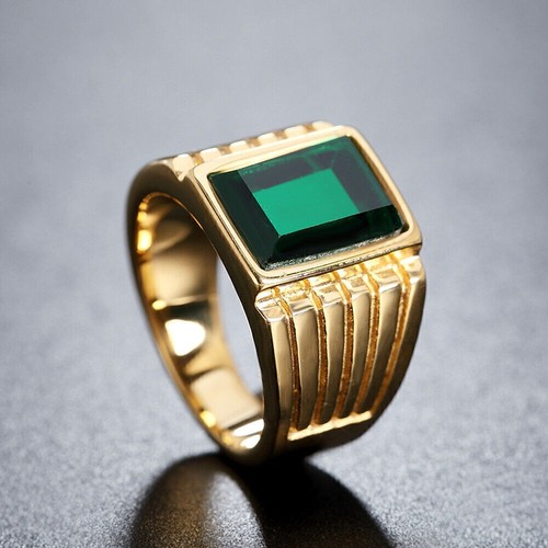 Classic Men's Green Stone Wedding Ring Stainless Steel Vintage Biker ...