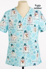 Frosty the Snowman Scrub Top L/G Let It Snow Winter Holiday Blue Cartoon Print