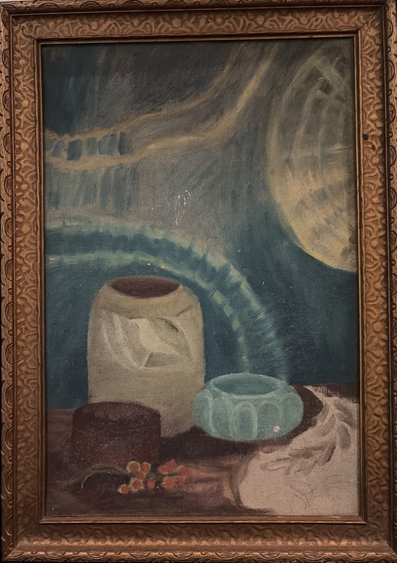 Antique Signed Art Nouveau DECO Still Life ~ART POTTERY~ Painting Framed
