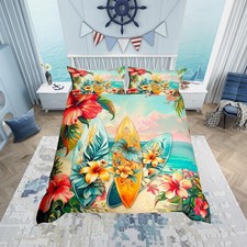 Surfing Duvet Cover Set Queen Size,Tropical Palm Trees Leaves Flowers Bedding...
