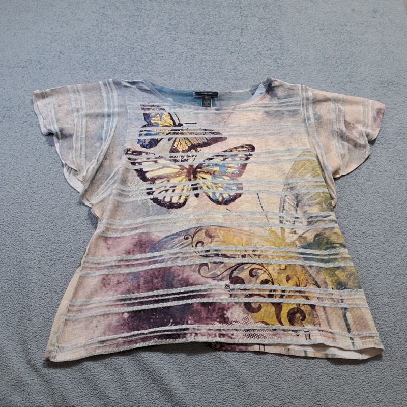 Style & Co. T-shirt Top Womens Multi Butterfly Print Casual Round Neck