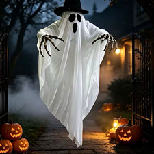 Lighted Hanging Halloween Ghost Fabric Decor w/ Witch Hat, 35.4in LED