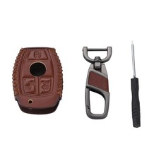 For Mercedes Benz E 3-Buttons Remote Key Case Bag Fob Holder Leather Cover Chain