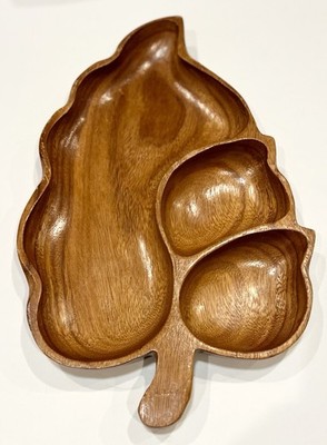 Vintage Leaf Wood Grain Bowl Monkey Pod Alii Woods Hawaii MCM Divided Tray 60 s