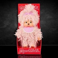8" Large Monchhichi Doll - Girl with Fluffy Pink Beige Fur - Authentic Monkey