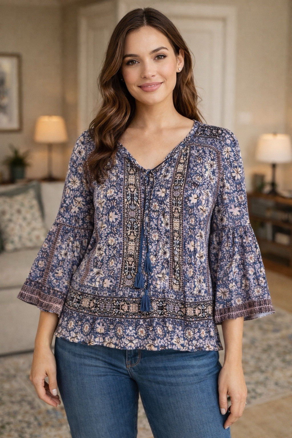 American Rag Cie Boho Floral Peasant Top Women’s M Tassel Tie Cottagecore