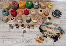 Lot of Vintage Spools of Thread Various Colors Some Wooden