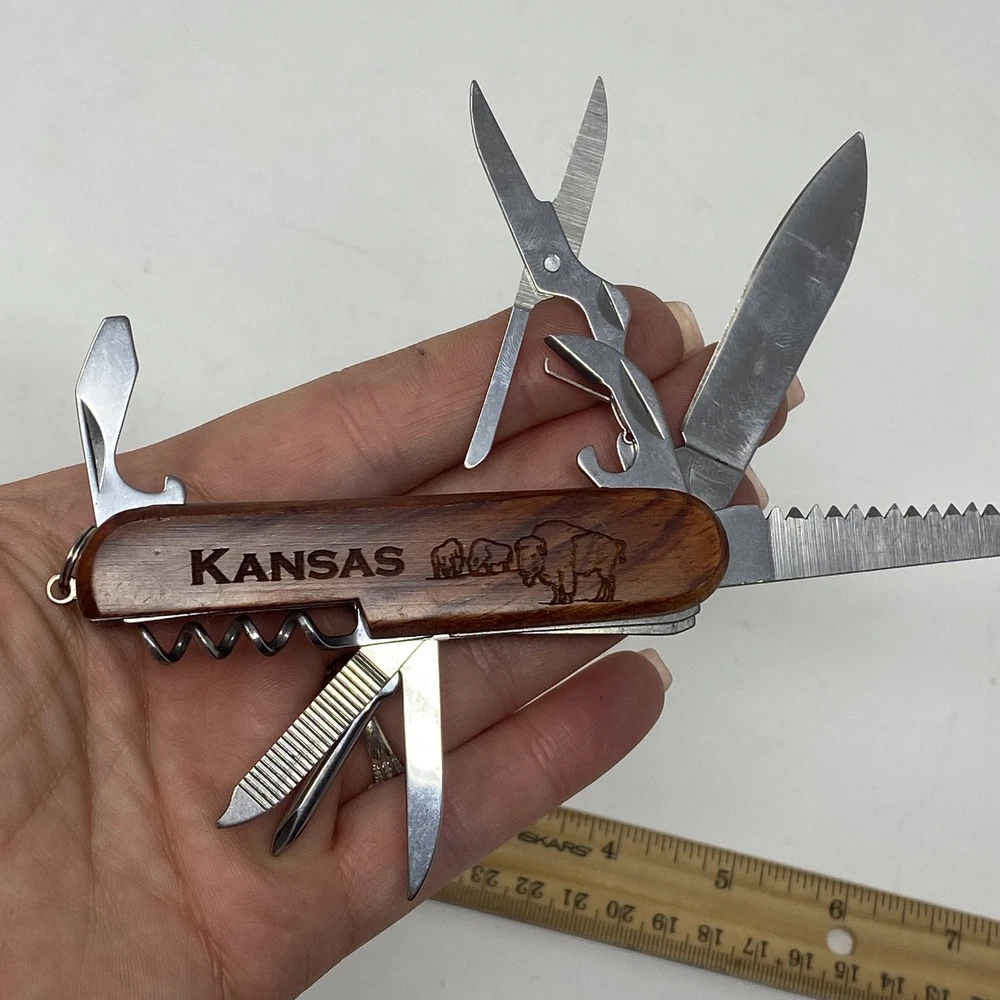 Multi-tool Pocket Knife Justin Kansas Buffalo Engraved On Wood Handle Souvenir