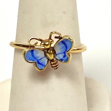 v634 Vintage 14k Yellow Gold Hand Painted Enamel Butterfly Design Ring Size 7