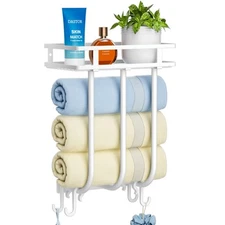 Towel Racks for Bathroom Wall Mounted with Metal Shelf & 4 Hanging Hooks Storage