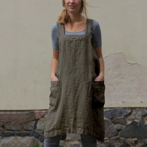 Damen Baumwolle Leinen Rückenschürze Kleid Damen Locker Hausmann Kochen Florist Neu - Bild 18 von 23