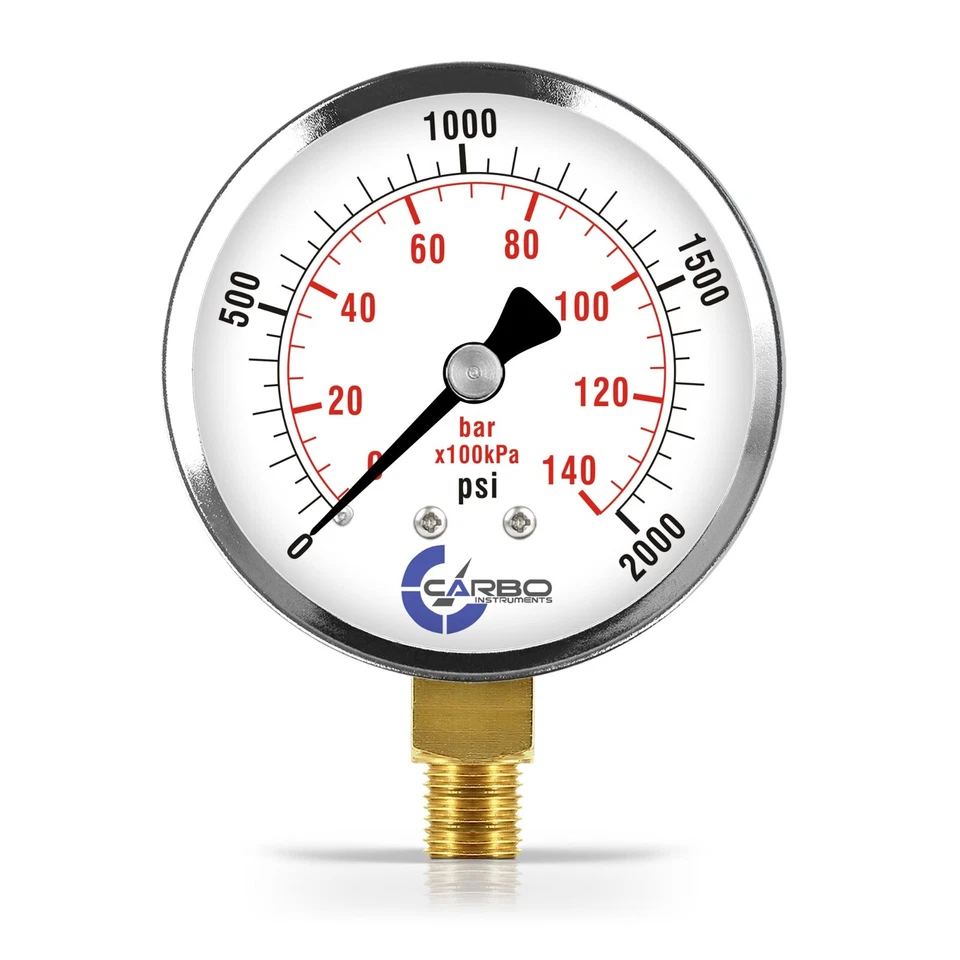 CARBO INSTRUMENTS 2-1/2" Pressure Gauge - Chrome Plated Steel Case, 1/4"NPT, Lower Mnt. 2000 PSI