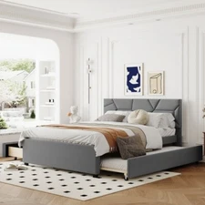 Full Queen Size Upholstered Platform Bed with Trundle & Brick Pattern Headboard