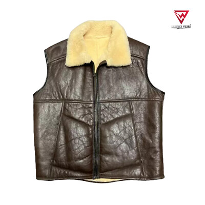 Men's Genuine 100% Sheepskin Sleeveless Brown Shearling Leather Winter Waistcoat