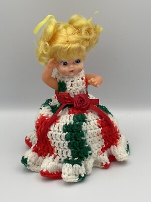 Vintage Doll Handmade Crochet Red White And Green Dress A2