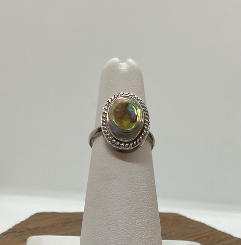 Anello argento sterling Messico ovale mocio abalone intarsiato misura 5,25 bordo corda vintage - Foto 2 di 5