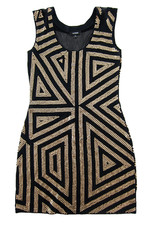 EXPRESS Black Stretch Gold Sequin Cap Sleeve Scoop Neck Shift Dress Women Small