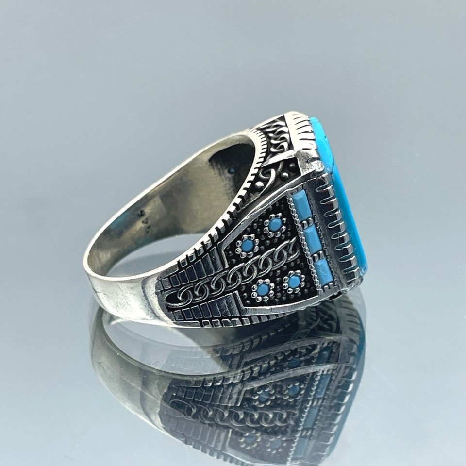 Men Turquoise Stone Ring Natural Gemstone Ring 925 Sterling Silver Gift ...
