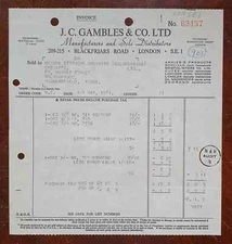 1961 Gambles & Co, Distributors London Invoice to Stephens Chemists, Milnsbridge