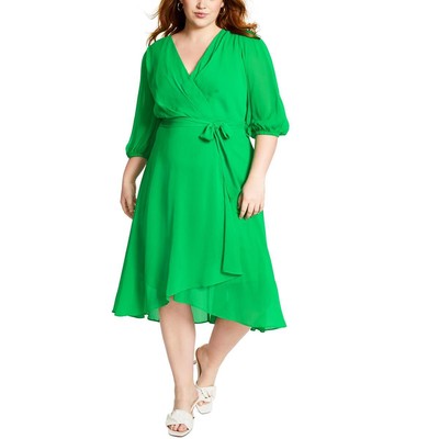 DKNY Womens Green Textured Tea Length Surplice Wrap Dress Plus 22W BHFO 7502