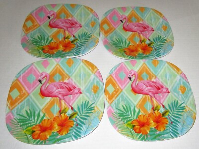 TROPICAL DESSERT PLATES  Melamine Ware 8 1/4'' Diameter  Set of 4  PINK FLAMINGO