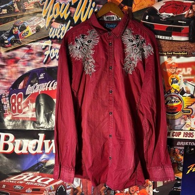 2000's Roar Signature Embroidered Button Up Shirt Y2K Cross Long Sleeve Xl