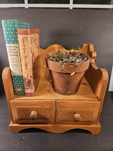 Vintage Wood Two Drawer Shelf Wall Cabinet Spice Rack Cook Book Holder