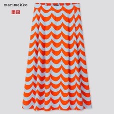 UNIQLO x Marimekko Linen Cotton Midi Skirt Lokki Pattern Orange Artsy Sz L B20