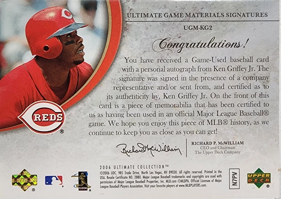 2006 UD Ultimate Collection, Griffey Jr, Ultimate Game Materials Sig,  S# 31/35 - Image 2 of 2