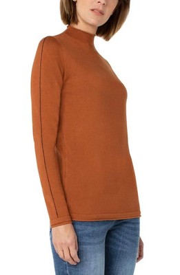 Liverpool Mock Neck Rolled Hem Long Sleeve Knit Sweater Rich Copper Brown  Large