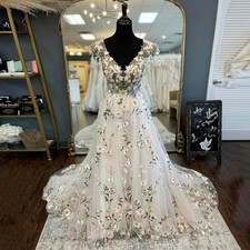 V Neck Embroidery Wedding Dresses Cap Sleeve Lace A Line Open Back Bridal Gowns
