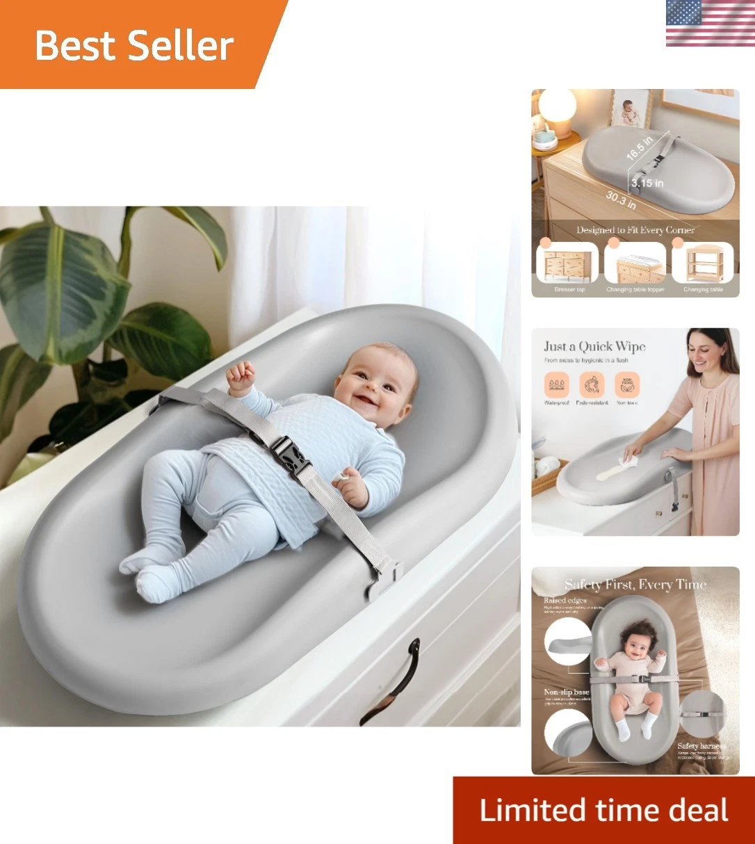 Soft Non-Slip Diaper Changing Pad with Adjustable Safety Belt - Easy Clean