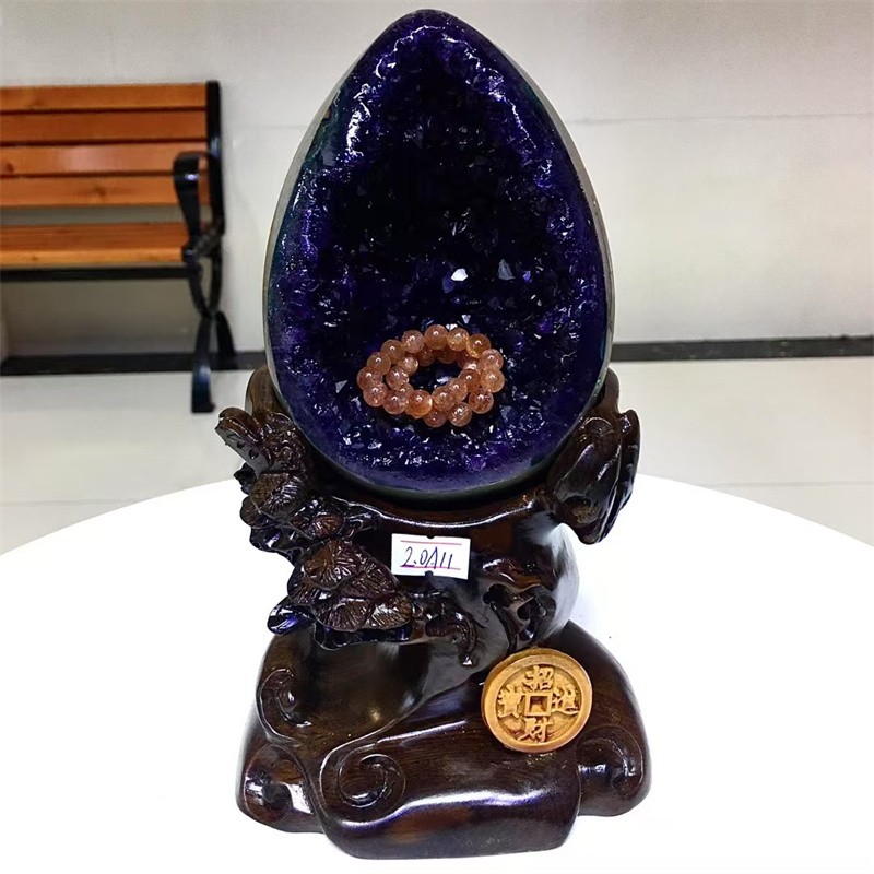 4.4LB Top Natural Amethyst Geode Quartz Crystal Dinosaur Egg Healing+Stand