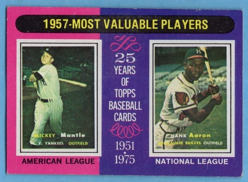 1975 Topps #195 1957 MVP Mickey Mantle VG-VGEX MISCUT Hank Aaron A8413